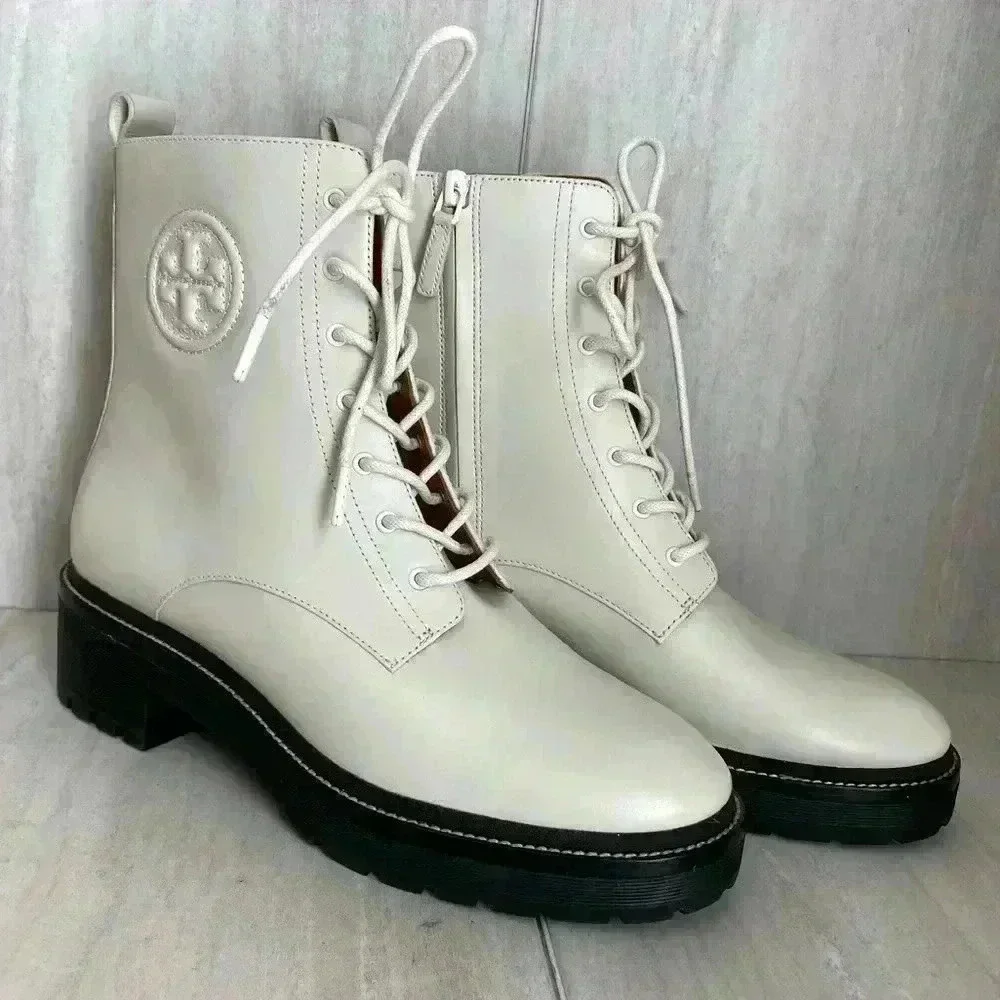 NEW Tory Burch Miller 50 White Leather Lug-Sole Booties Women’s Size 10.5